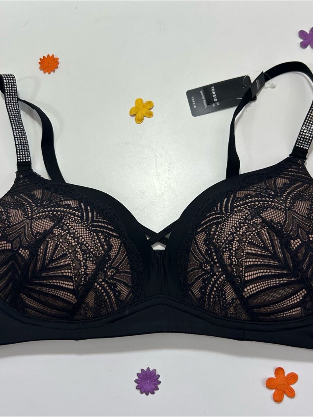 torrid Dream Black Lace Wirefree Push Up Bra with Embellished Straps 38D NWT